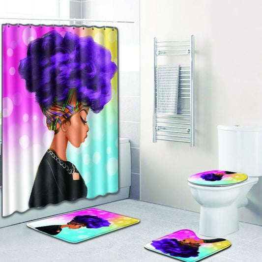4 Pcs African Girl Shower Curtain Bath Mat Toilet Pad Set